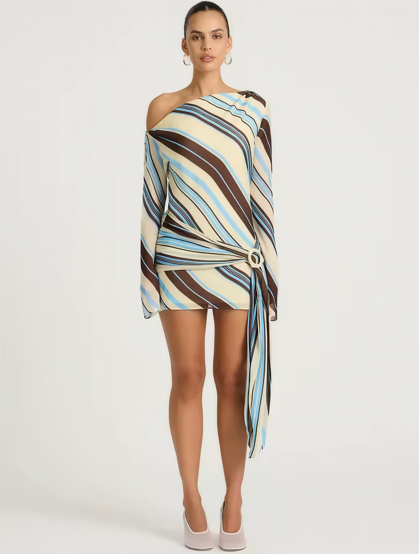Beige Mini-Kleid mit Blau-Braunem Streifenmuster