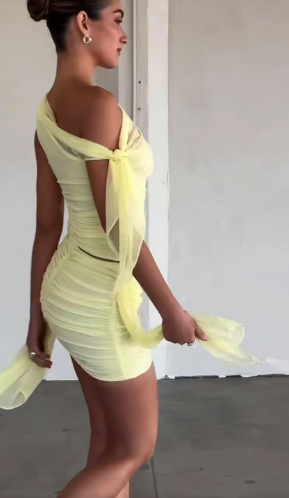 One-Shoulder Mesh Zweiteiler Gelb